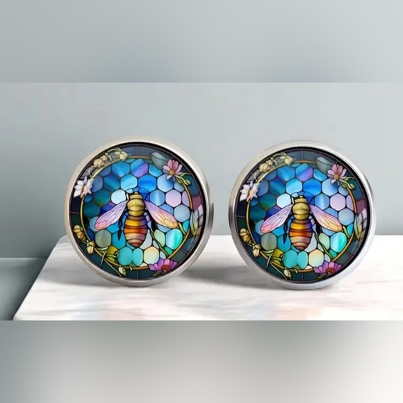 2/$30 3/$35 Blue Yellow Stained Glass Bee Mosaic Preppy Clueless Earrings(#061) - Picture 1 of 6